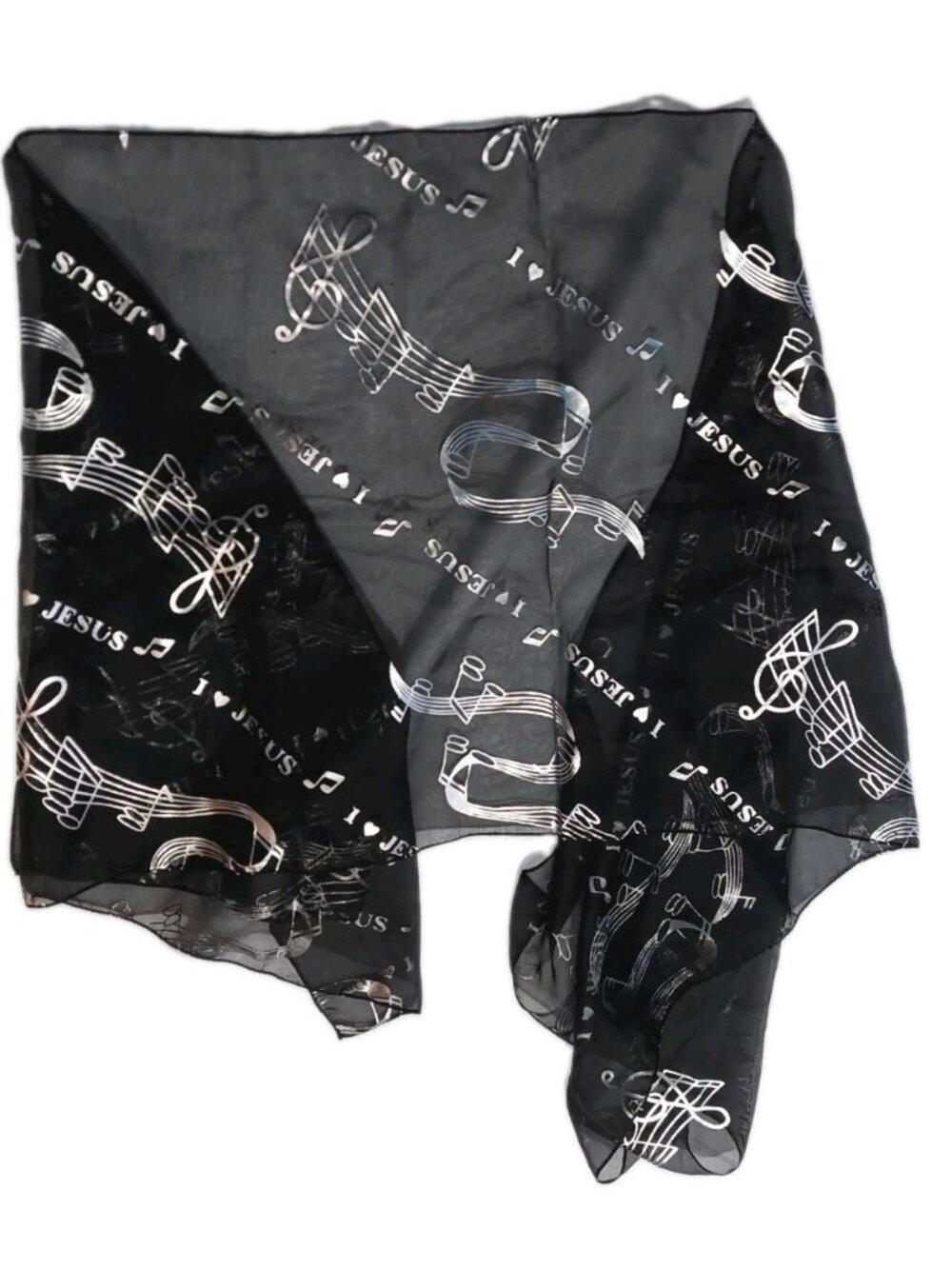 Black Silver Scarf Jesus Onlong 18"x59" Laurena by LJL Music Notes